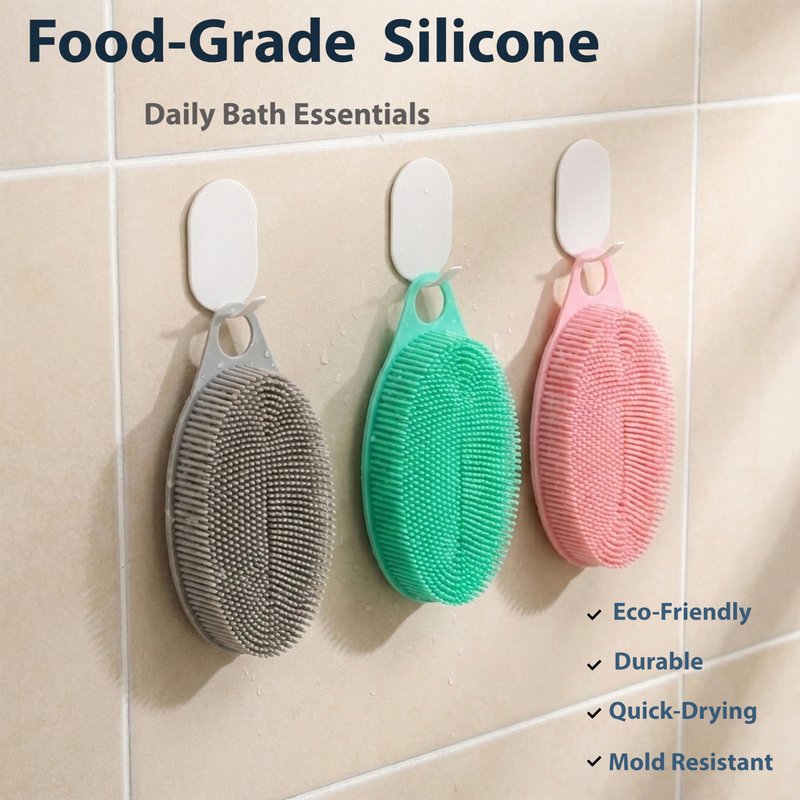 MtBoi 2 Pack Silicone Exfoliating Body Scrubber, Soft Silicone Loofah for Sensitive Skin, 2-in-1 Body Brush & Shower Head Massager, Easy to Clean, Rich Lather (Gray&Green)