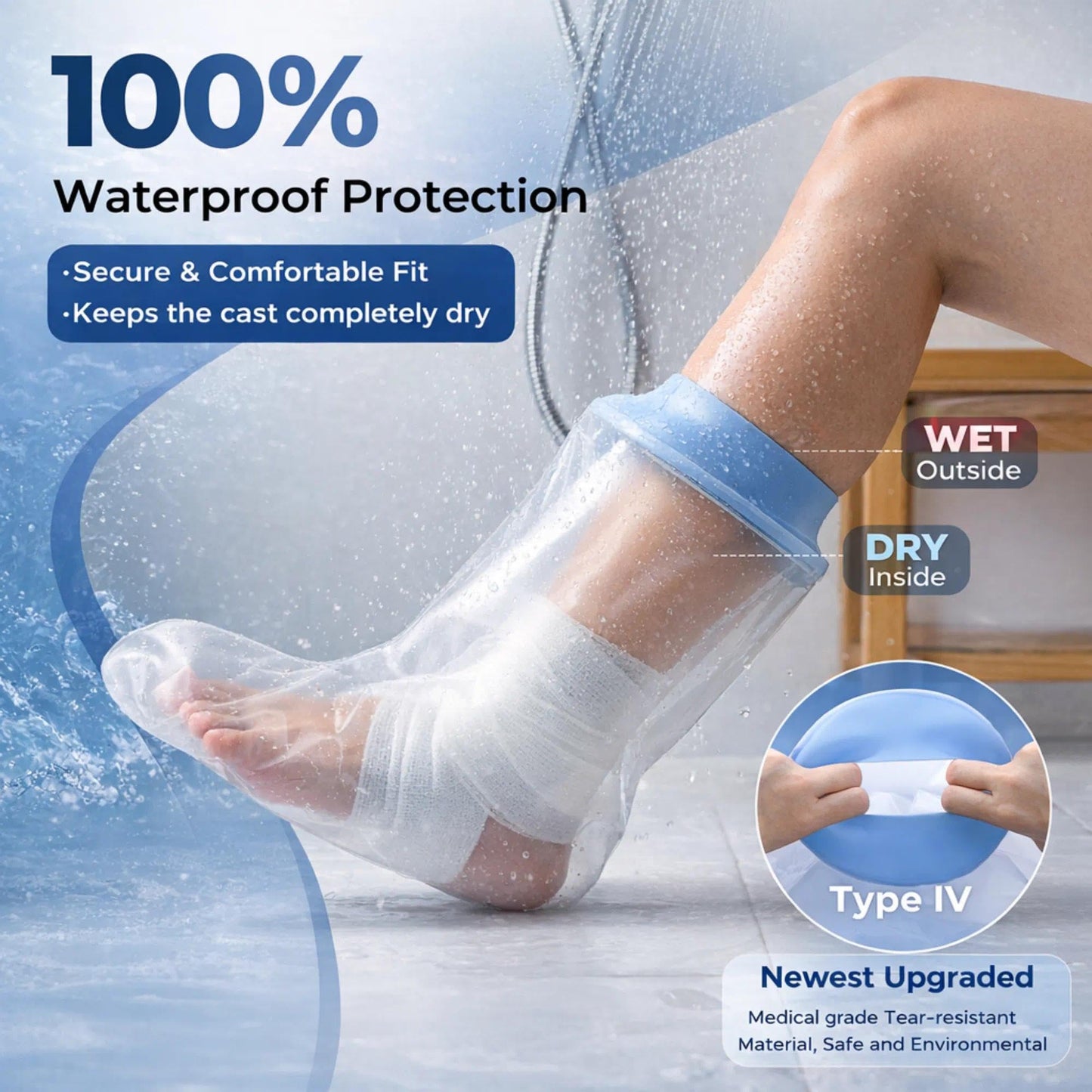 UpGoing Waterproof Foot Cast Cover for Shower Ringless Silicone Design, Reusable Medical Grade Surgery Recovery Foot Protector for Men Women, Ankle Wound Cover for Bathing Swimming