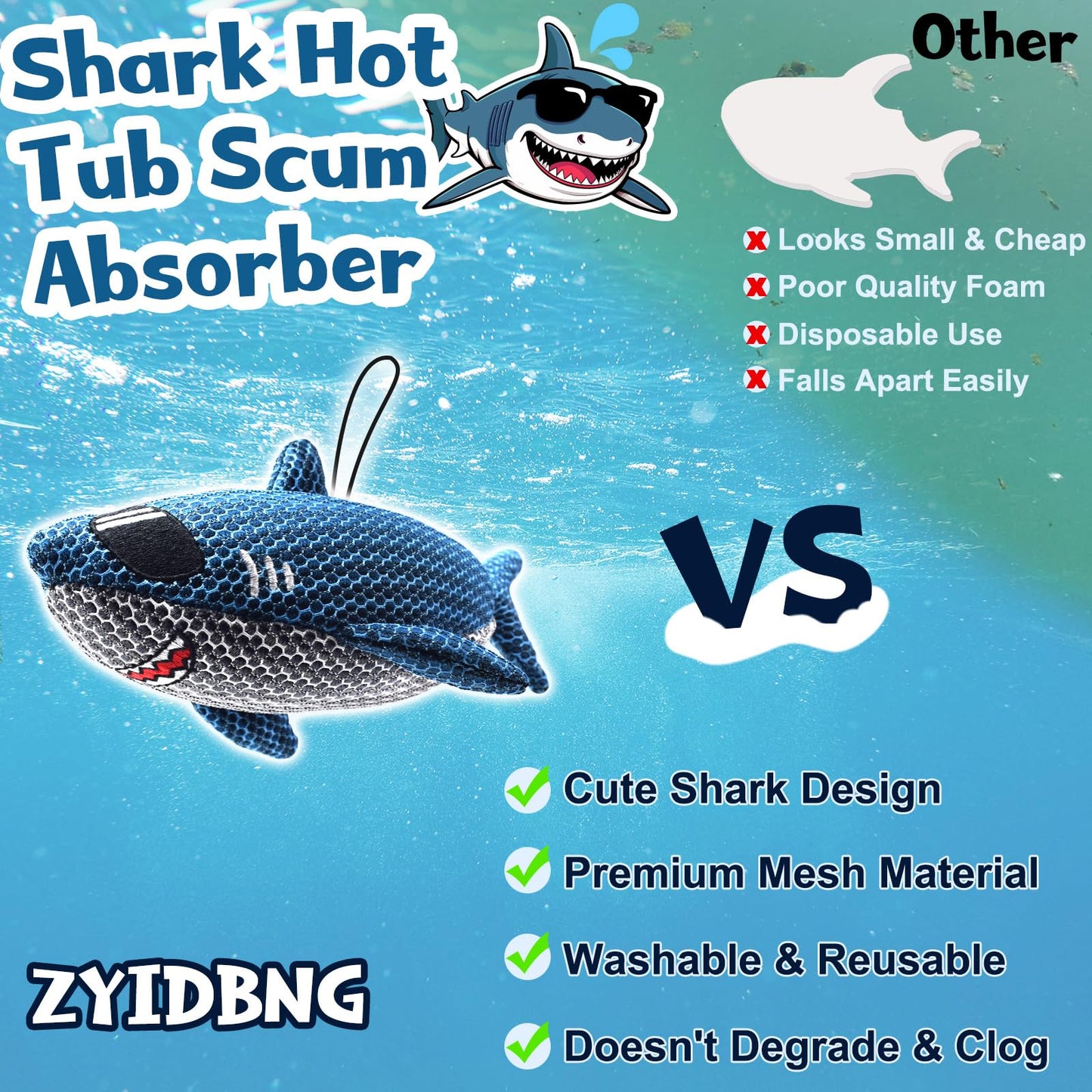 ZYIDBNG Shark Hot Tub Scum Absorber Reusable Washable Hot Tub Sponge Scum Absorber for Spa Hot Tub Oil Scum Absorber Spa Accessories for Adults (1 Pack, Shark)