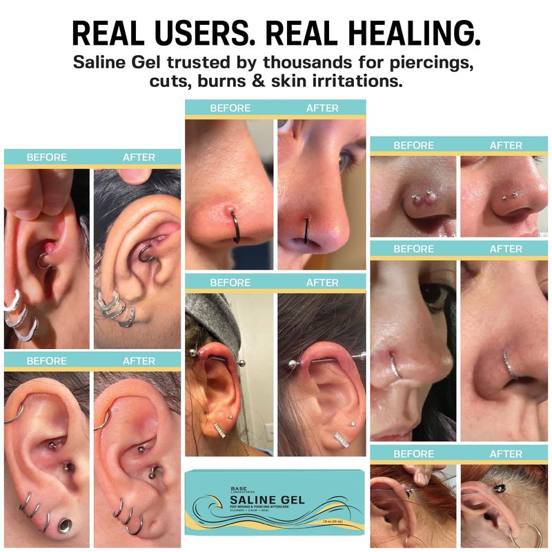 Base Labs Piercing Aftercare Saline Solution Gel 1.5oz – Piercing Bump Solution & Aftercare Spray Alternative – Nose, Ear Piercing Care – Hydrating Gel for Piercings Bumps & Keloids
