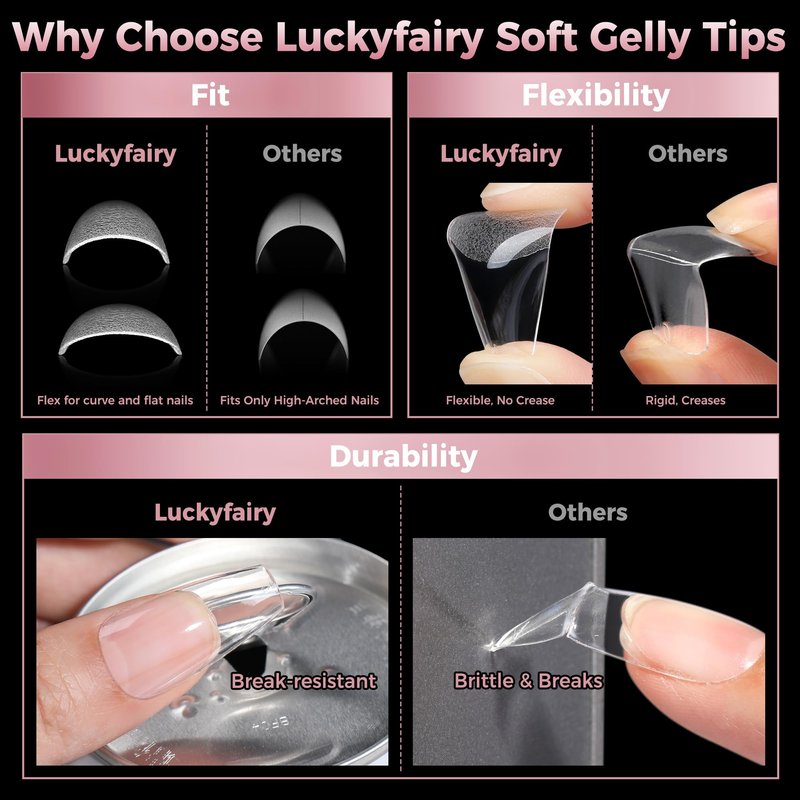 Luckyfairy Medium Gel Coffin Nail Tips, 240pcs Soft Gel Pre-Shaped Acrylic Fake Nails, Half Matte Full Cover Clear Press on Flase Nail Tips for Extension Nail Manicure Home DIY 12 Sizes Gelly Tips