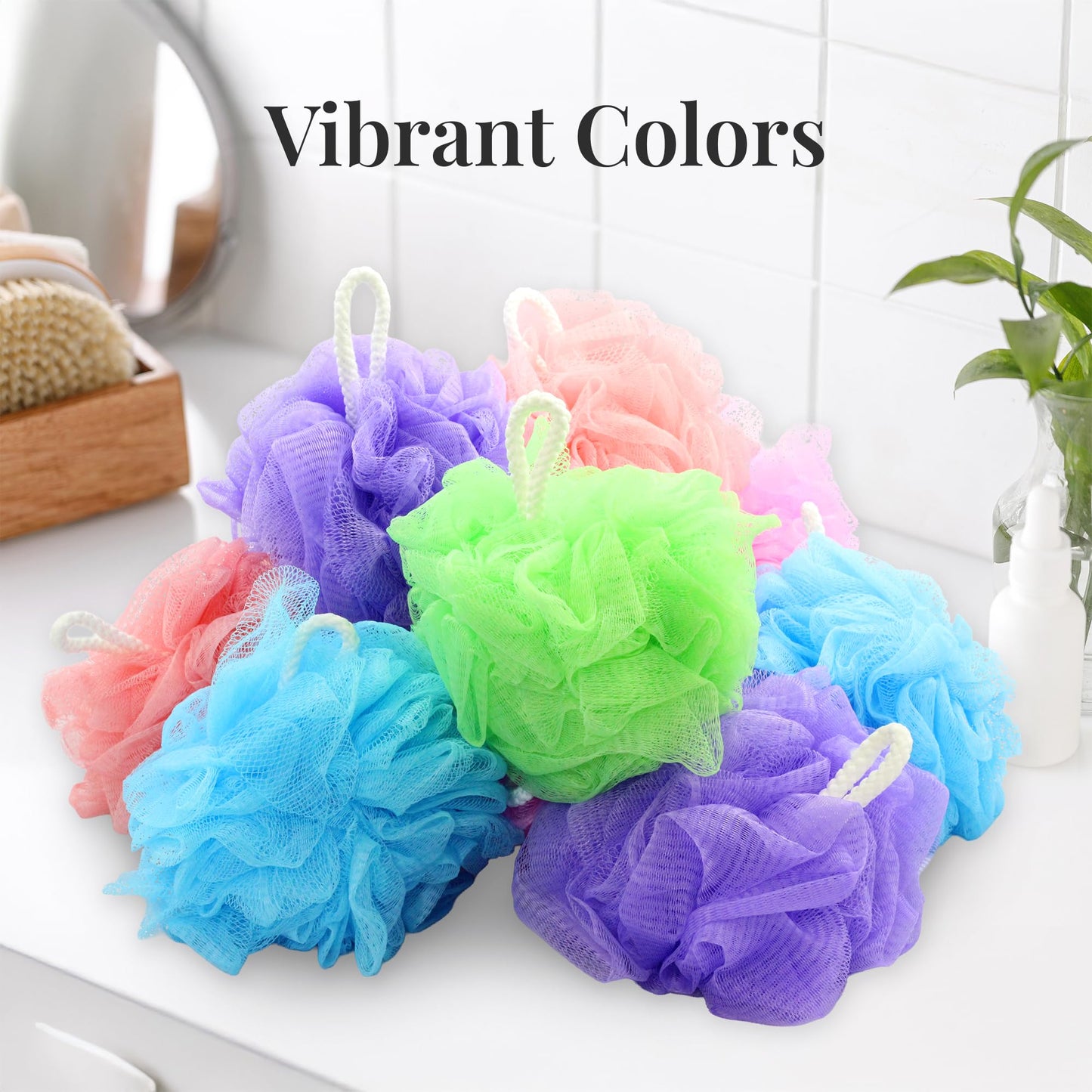 Premium Loofah Bath Sponge 4 Pack – Full-Size 60g (5.5 Inch) Colorful Mesh Shower Poufs, Soft & Gentle Body Scrubbers for Women, Men & Kids with Cotton Rope (Flower Garden)
