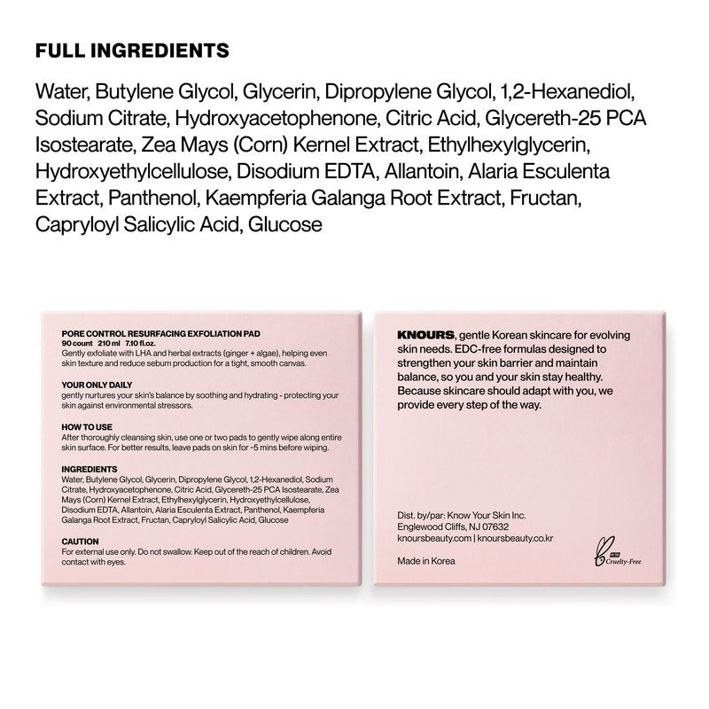 Knours Pore Control Exfoliating Korean Toner Pads | LHA for Sensitive Skin | Refine Textured Skin and Blemishes, Control Sebum, Tighten Pores | 90 Count | 175ml/5.9 fl.oz