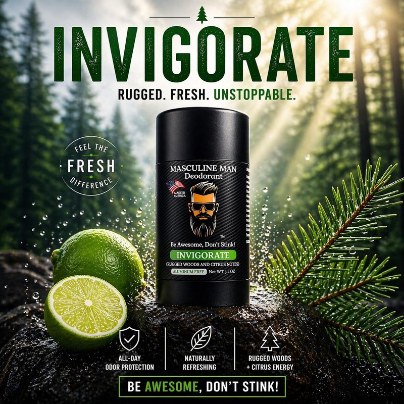 MASCULINE MAN Deodorant for Men - Aluminum Free Mens Deodorant - Natural Deodorants - Sweat Protection for Underarm, Stain-Free Stick Deodorants, Made in USA, 3.2oz (Pack of 2, Invigorate)