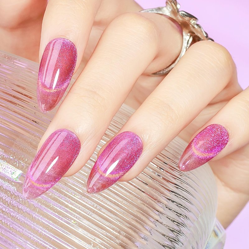 MIZHSE Cat Eye Gel Nail Polish, Pink Magnetic Gel Polish with Magnet Stick, Starry Effect Trendy Salon Shimmer Nail French Soak Off Manicure Home