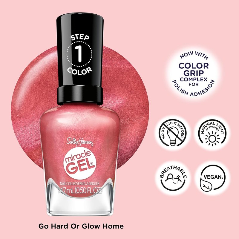 Sally Hansen Miracle Gel Nail Polish - Supercharged Pinks, Long-Lasting Gel-Like Finish | 254 Go Hard or Glow Home | Rosey Pearl Color