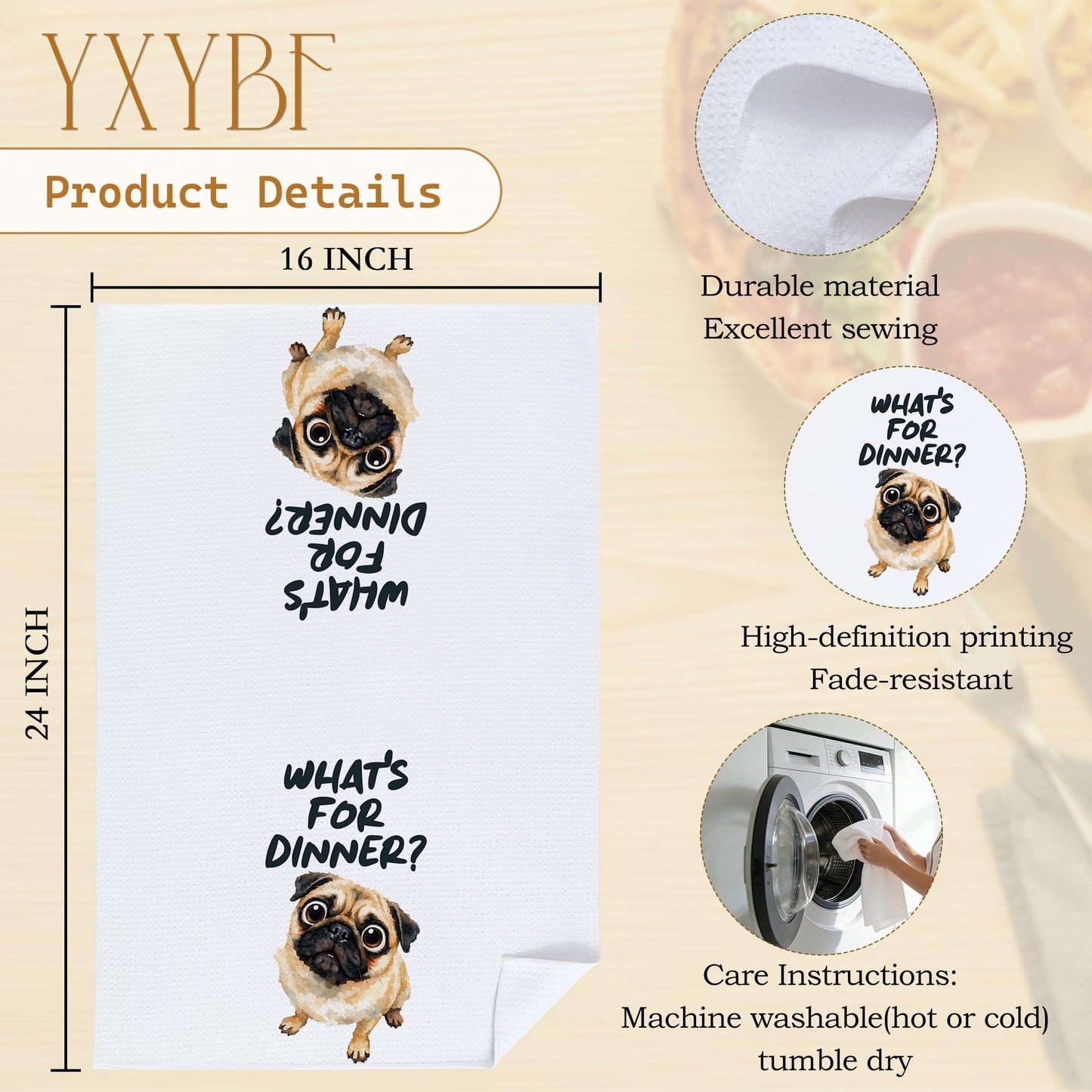 YXYBF Pug Gifts Hand Dish Tea Towels for Kitchen Decor 16x24 Inches, Gifts for Pug Lovers, What's for Dinner Funny Dog Kitchen Towels Decorative