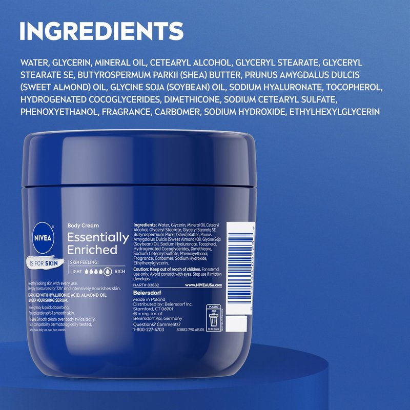 NIVEA Essentially Enriched Body Cream for Dry to Very Dry Skin with Hyaluronic Acid, Deep Nourishing Serum and Almond Oil, 72-Hour Body Moisturizer, 13.5 Oz Jar