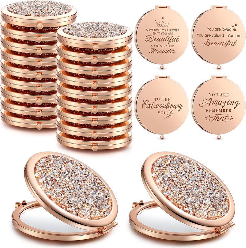 Roowest 16 Pack Metal Rhinestone Compact Mirrors - Inspirational Rose Gold Magnifying Purses