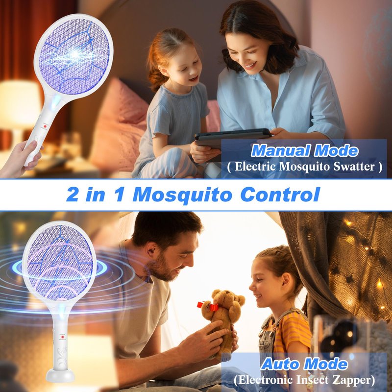 Qualirey Electric Fly Swatter 2 in 1 Rechargeable Mosquito Swatters UV Light Bug Zapper Racket Fly Mosquito Zapper Insect Control for Home Bedroom Kitchen Office Backyard Patio Indoor Outdoor (2 Pcs)