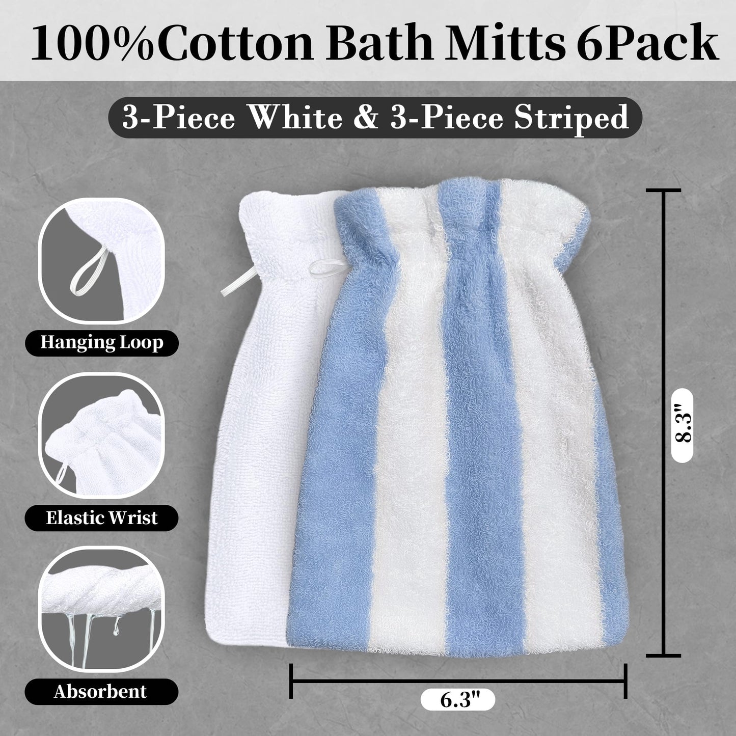 VOOVA & MOVAS 6-Pack Bath Mitts for Shower, 8.3x6.3 Inch 100% Cotton Soft Absorbent Wash Cloths with Hanging Loop, European Style Bath Mitt for Body & Spa, Blue Stripe & White