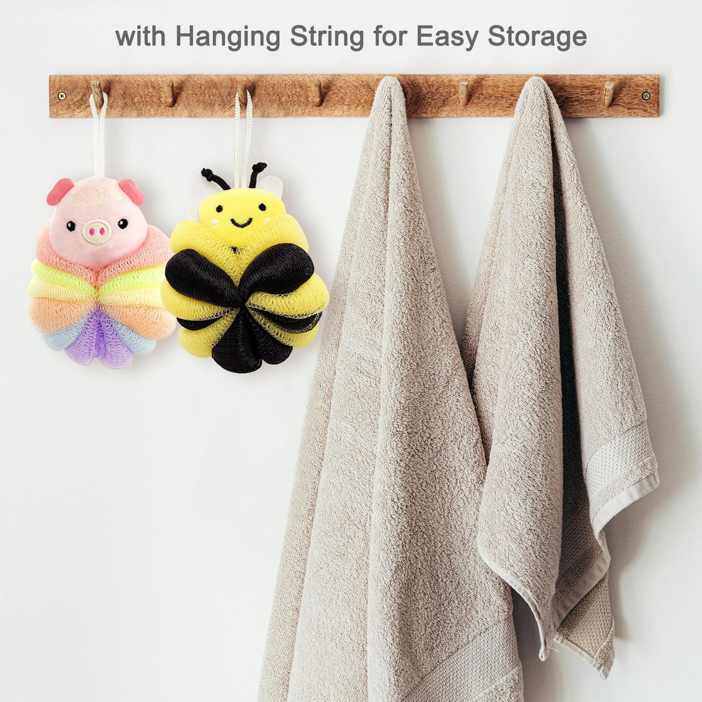 BETITETO Bath Sponges 2Pieces Cute Cartoon Animal Bath Loofahs Pouf Mesh Balls Body Scrubber Bathing Accessories Gifts for Women (Bee + Pig)