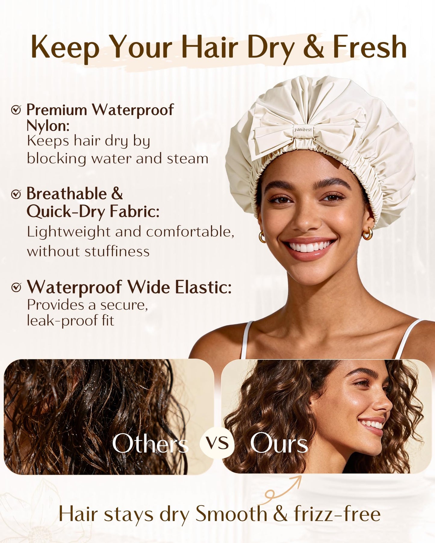 Yanibest Shower Cap Reusable Waterproof, Wide Elastic Band Bath Cap - Comfortable & Durable Bath Hair Hat for Women