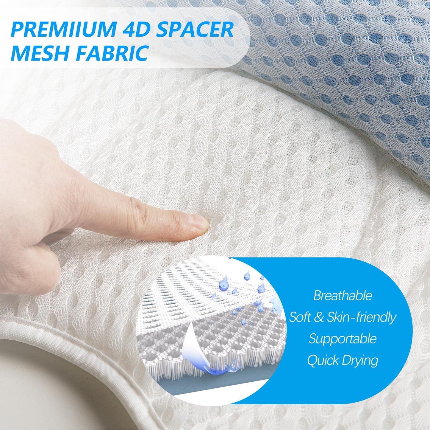 Bath Pillow for Tub, Luxury Bathtub Pillows with Head, Neck and Back Support, Bath Tub Pillow with Soft 4D Breathable Air Mesh Fabric and Non-Slip Suction Cups, Relaxing Bath Tub Accessories, White