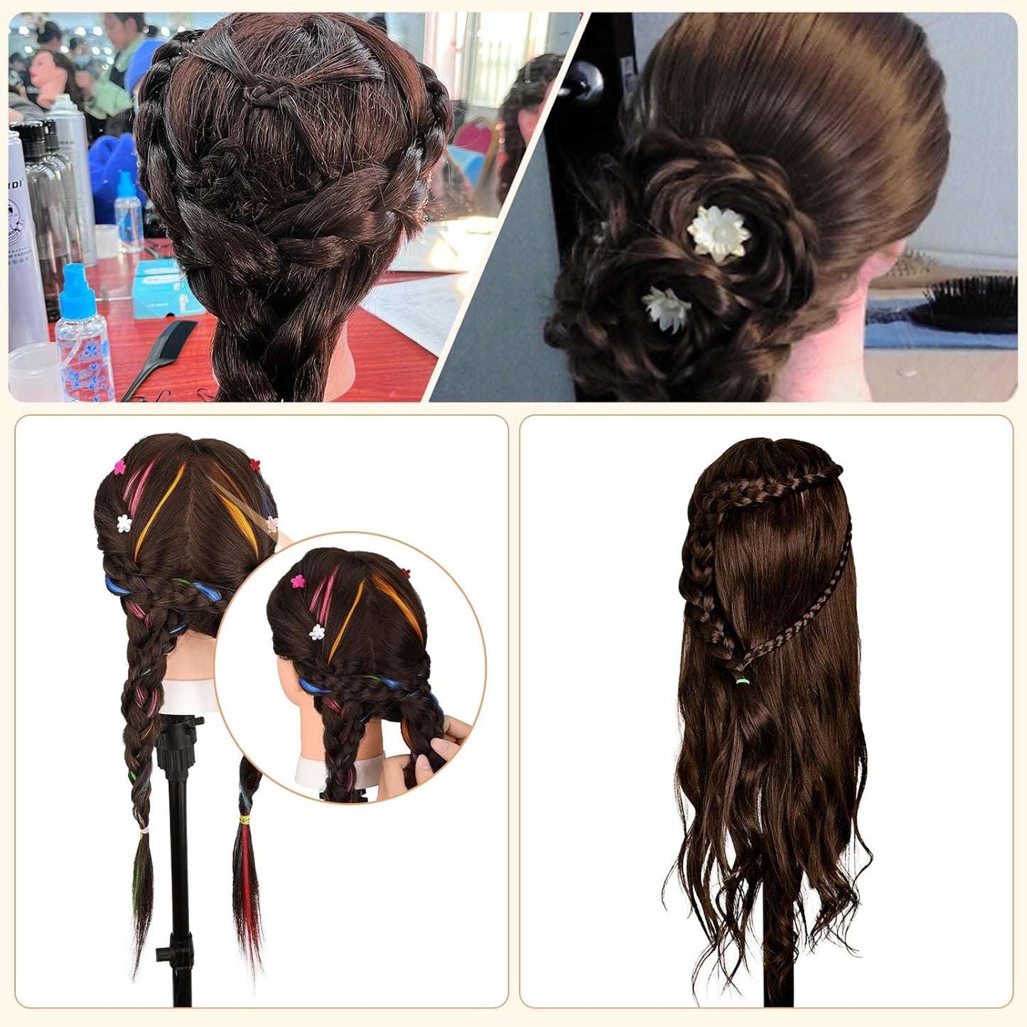Yofuly 26" Dark Brown Mannequin Head - 70% Human Hair Training Head with Clamp & Styling Tools