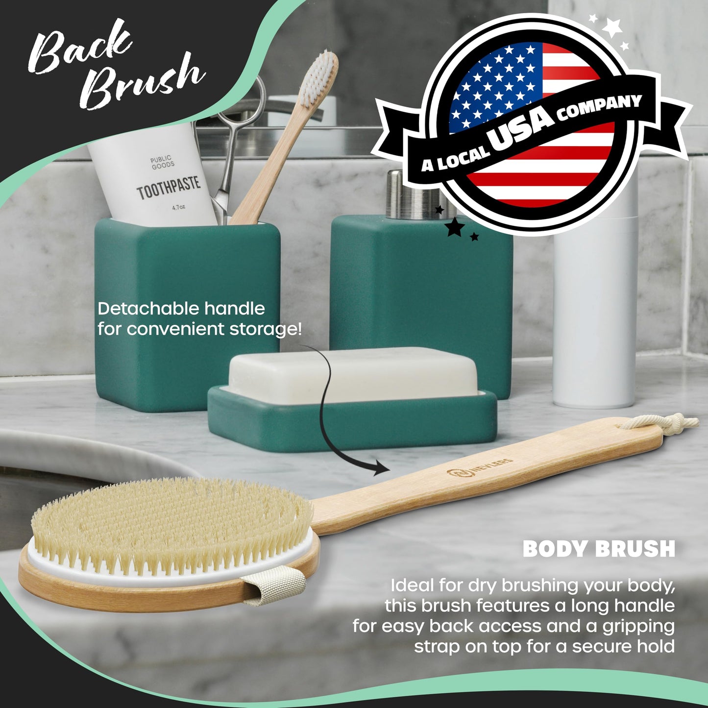 Nevlers Natural Boar Bristle Dry Brush for Body Massage 5-Piece Set