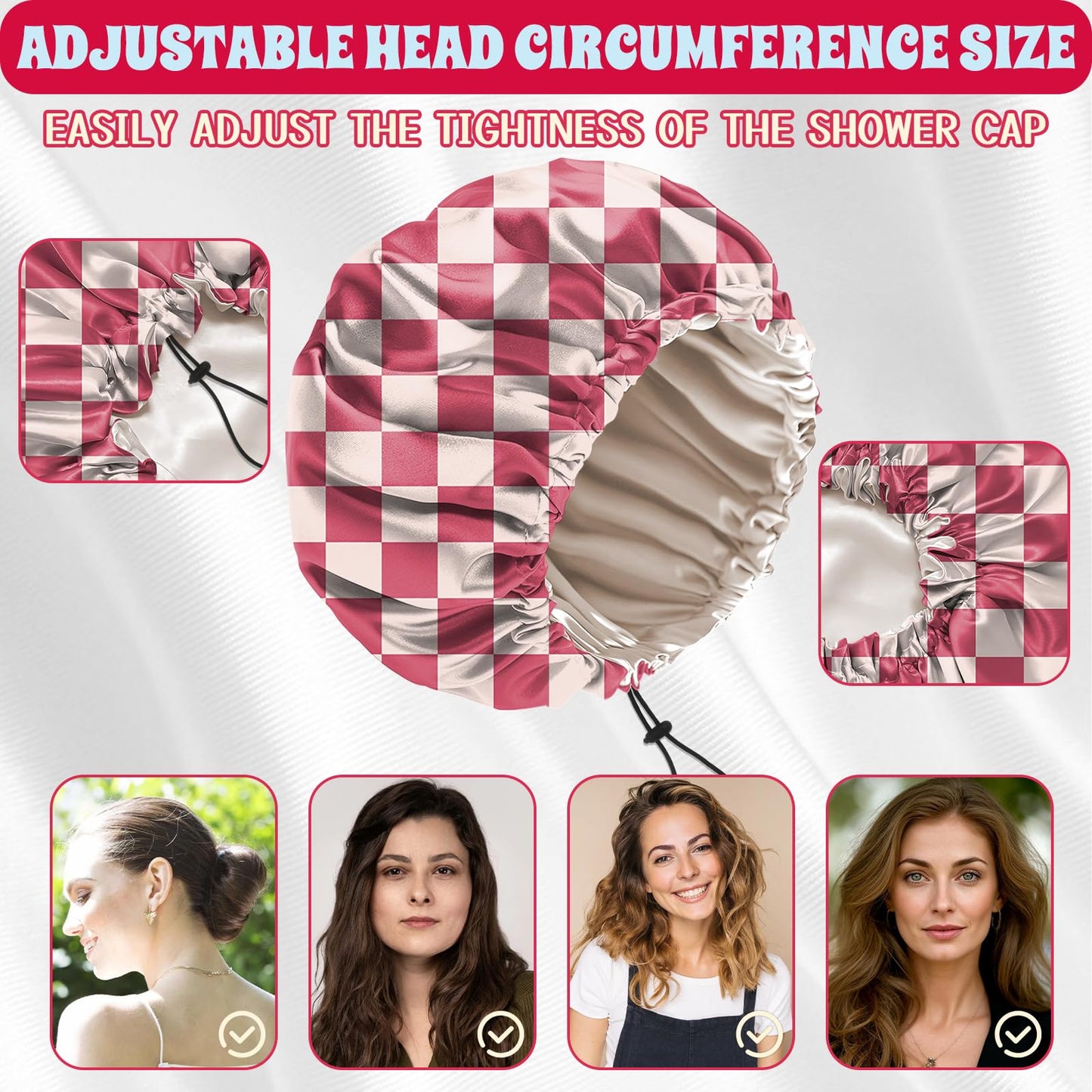 BHAHB Luxury Shower Cap Satin Lined Reusable Waterproof Double Layer Elastic Adjustable Hair Bath Cap Cute Aesthetic Women Girls-Pink Checkered
