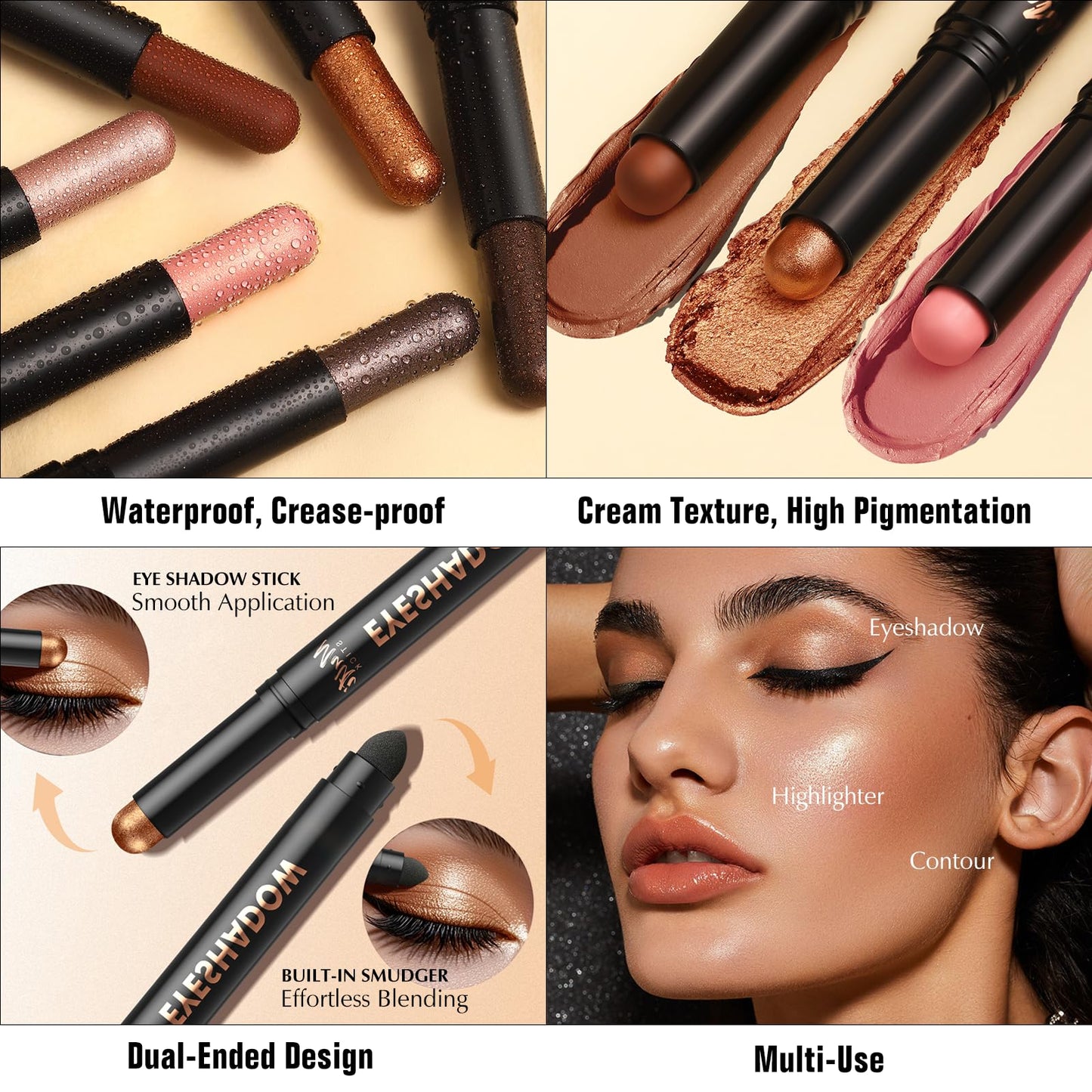 Wugbc Dual-Ended Champagne Pink Eyeshadow Stick - Long-Lasting Cream Shimmer Eye Shadow Stick Crease-Proof Metallic Eyeshadow Pencil, Easily Blendable Multi-Use Eye Highlighter Makeup 02