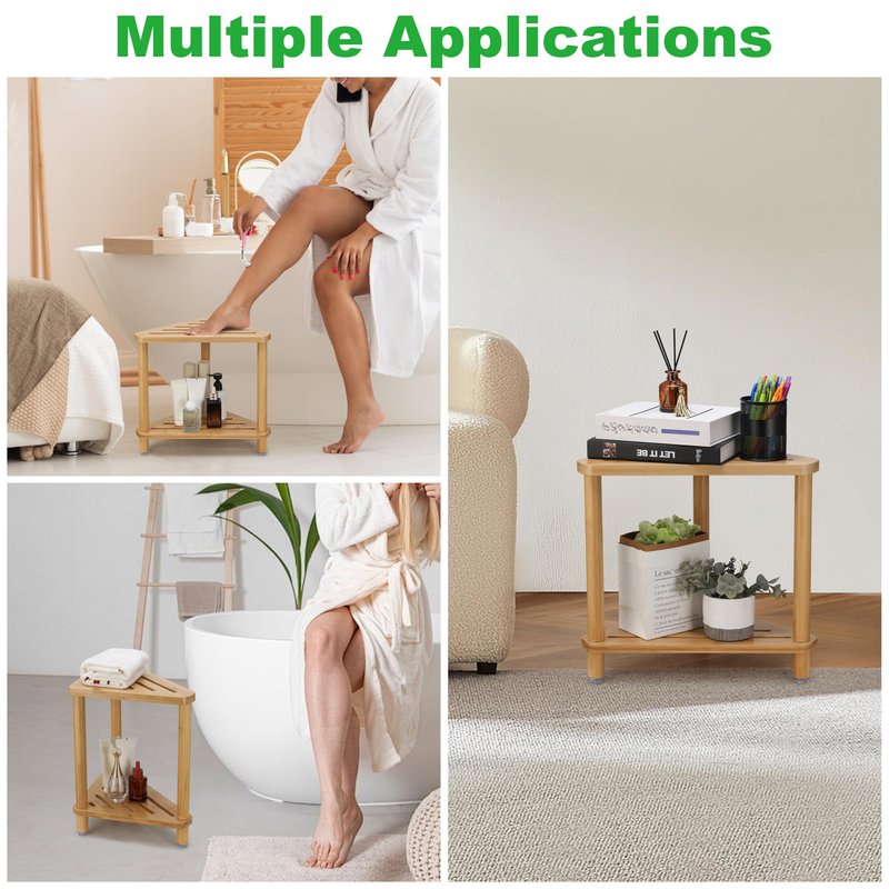 Dozesheep Bamboo Corner Shower Stool for Shaving Legs, Shower Bench for Inside Shower Foot Rest with 2-Tier Waterproof Storage Shelf for Inside Small Shower Spaces Bath Seat