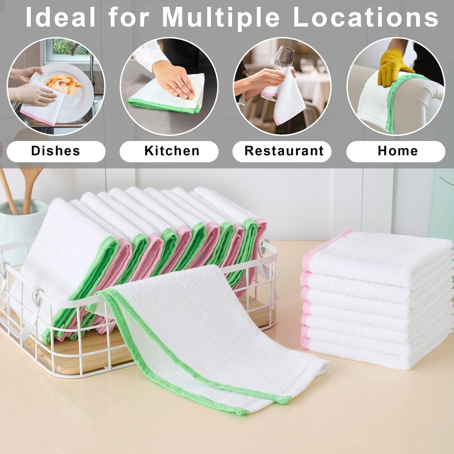 White Bar Rags, 60 Pack Reusable Cleaning Rags (12"x12") - 100% Cotton | Thick 500GSM | Odor-Free | Soft | Absorb, Washable Dish Cloths for Washing Dishes, Bar Mop Towels, Green + Pink Trim