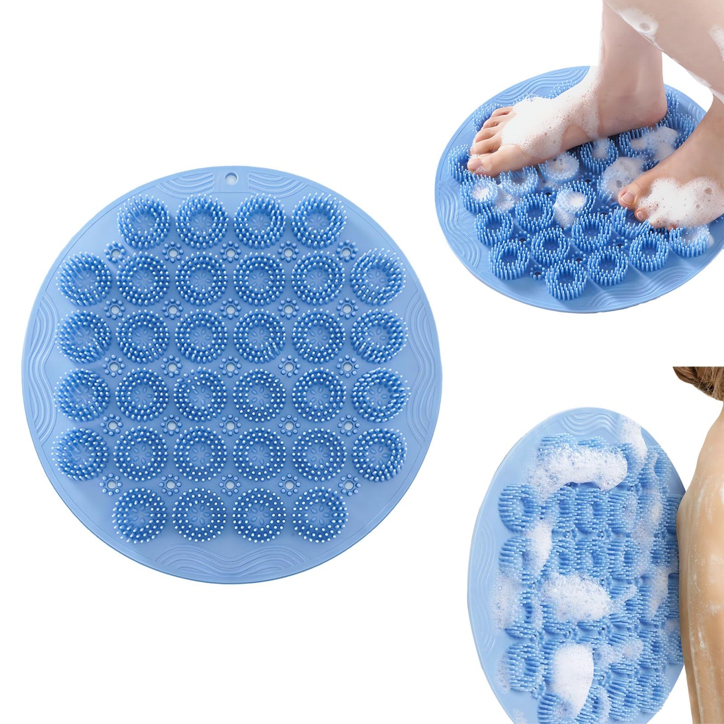Merleu Shower Foot Scrubber Mat & Silicone Back Scrubber with Soft Silicone Bristles,Quick Drying Foot Scrubber in Shower,Deep-Cleaning Wall Mounted Back Scrubber Bath (Blue)