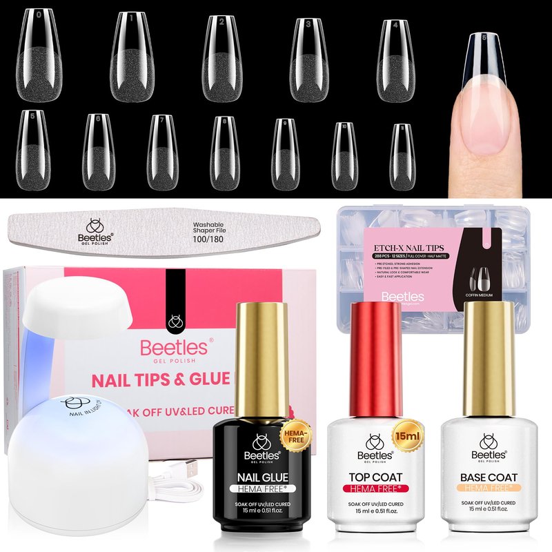 Beetles Gel Nail Kit Etch-X, Coffin Medium, 288pcs 12 Sizes Nail Tips, 3Pcs 15ml HEMA-Free Nail Glue Top Coat & Base Gel Set, with Mini Lamp, Press On Nail, Long Lasting Extension DIY Set at Home