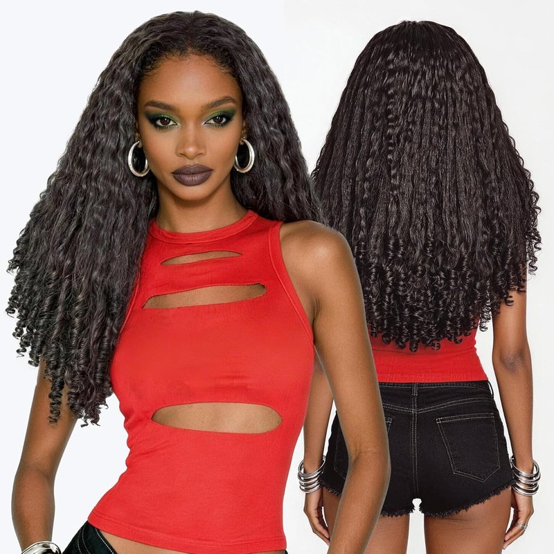 Frodio Kinky Curly Half Wig 20 Inches Veralux Fiber Blend Human Hair 3 in 1 Drawstring 200% Density Glueless Wig with Unique Bouncy Curl in the End, Natural Black Ready to Go Headband Wig for Women