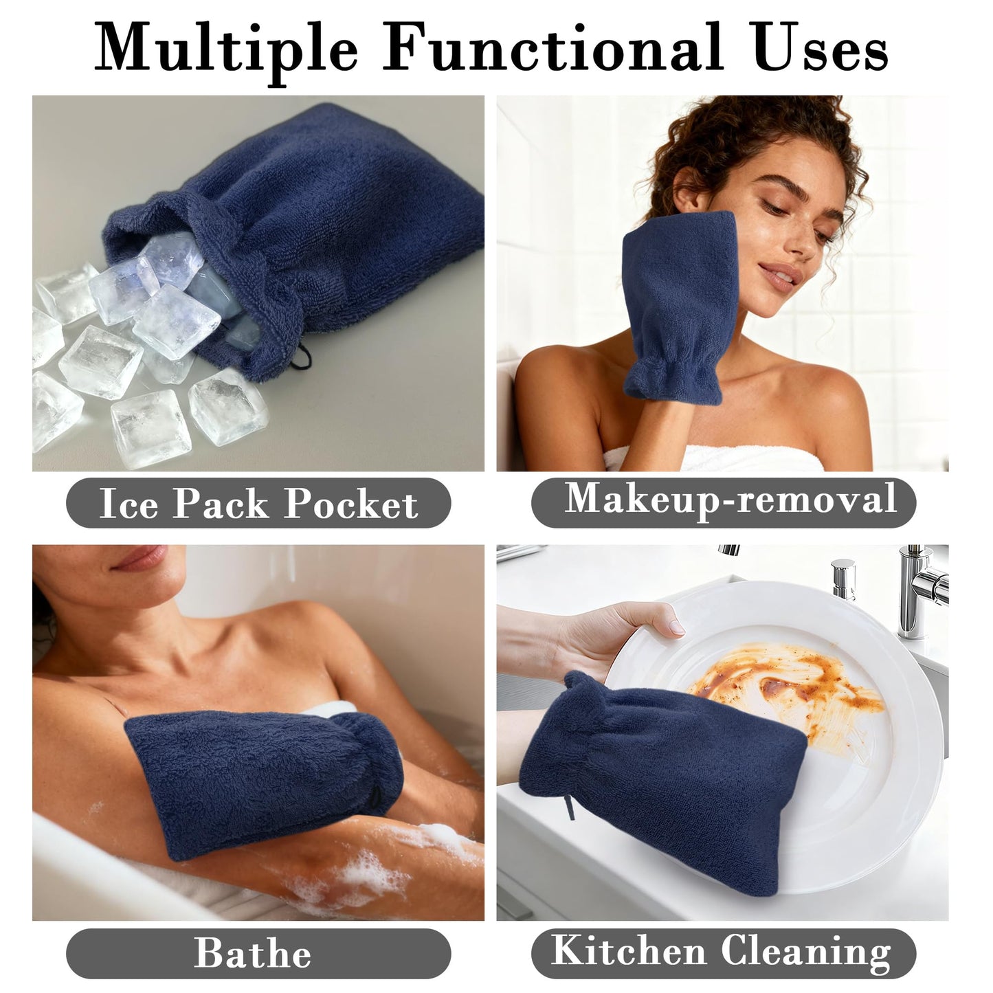 VOOVA & MOVAS 6-Pack Bath Mitts for Shower, 100% Cotton Soft Absorbent Wash Cloths with Hanging Loop, 8.3x6.3 Inch European Style Bathing Gloves for Body & Spa, Navy
