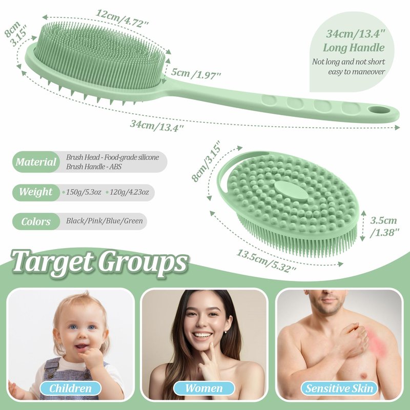 GEENOA Silicone Back & Body Scrubber Set 2PCS, 13.4'' Gentle Exfoliating Back Scrubber with Dual-Side Head and Non-Slip Handle, Hygienic Silicone Loofah with Soft Bristles and Massage Dots(Green-2PC)