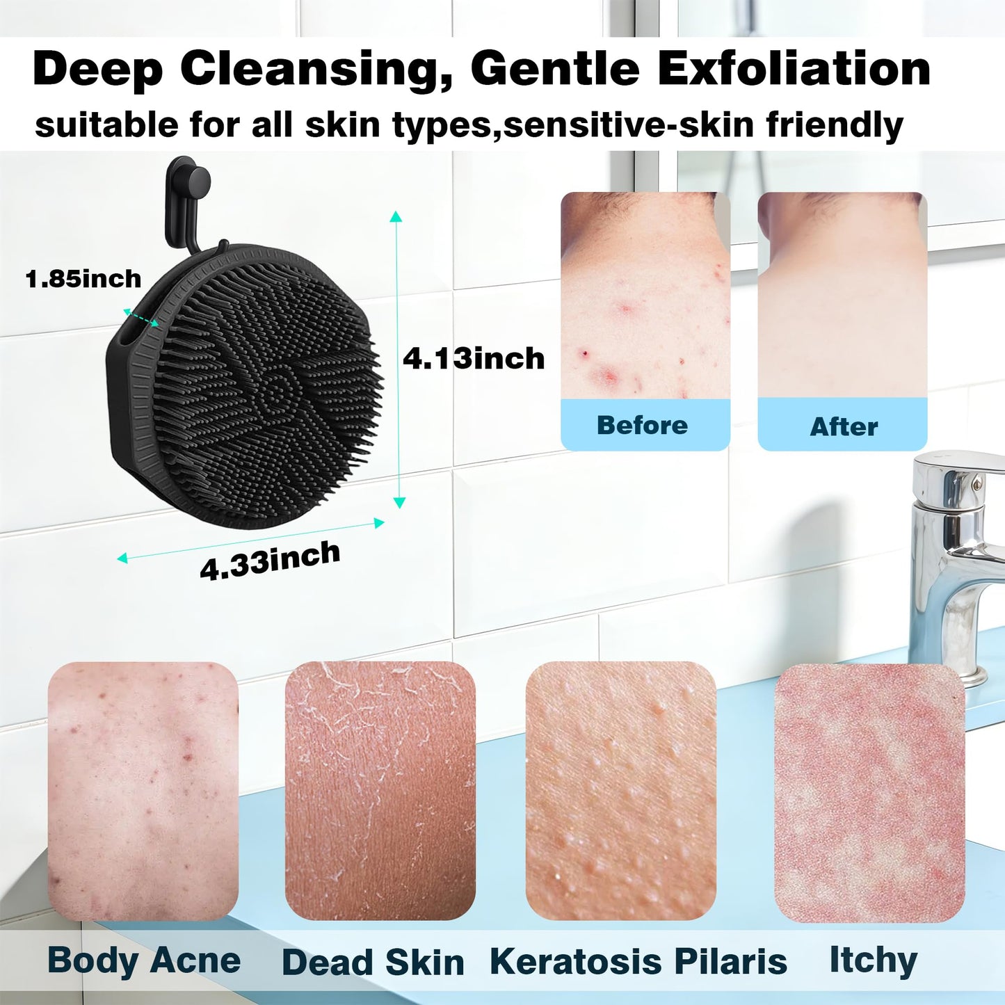 PeaKalo Silicone Body Scrubber for Men Women, Dual-Sided Bath Brushes Gentle Exfoliating Body Scrubber Scalp Massager for Deep Cleansing, Soft Silicone Loofah Body Washing Brushes (Black)