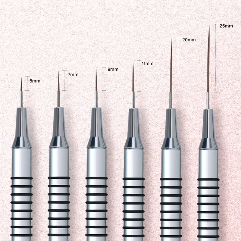 Metallic Nail Art Brushes - 6-Piece Non-Slip Liner Brush Set for UV Gel Polish | Fine Detailing Sizes 5-25mm (Silver)