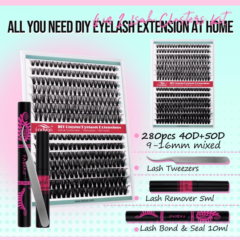 FADVAN Volume Lash Clusters Kit 280pcs DIY Eyelash Extension Kit D-curl Cluster Eyelash Extensions 40+50D Mixed Lash Kit with Eyelash Bond and Seal Remover Tweezers(40D+50D, 0.07D, 9-16mm)
