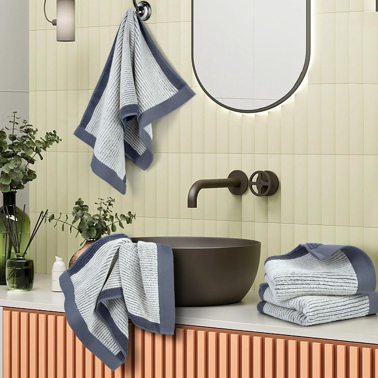 Cleanbear Hand Towels for Bathroom, Ultra-Soft 100% Cotton Hand Towels, 4-Pack (Gray, Green, Navy Blue, Light Brown), 28 x 13 Inches, Jacquard Textured