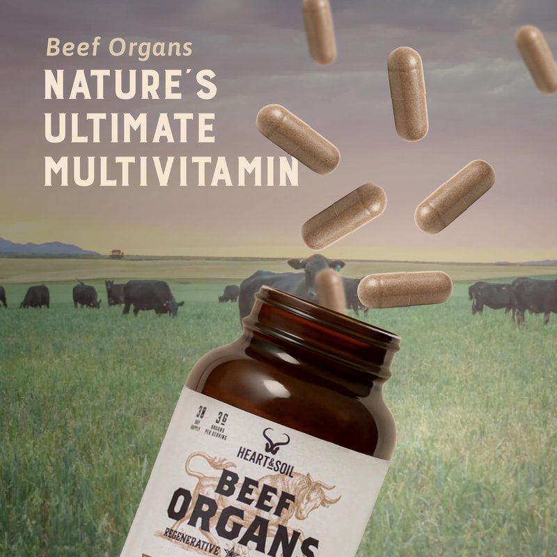 HEART & SOIL – 100% Grass Fed & Finished Beef Organs from Regenerative Cattle with Liver, Heart, Kidney, Pancreas & Spleen – 3000mg Beef Organ Supplement for Women & Men – Glass Bottle – 180 Capsules