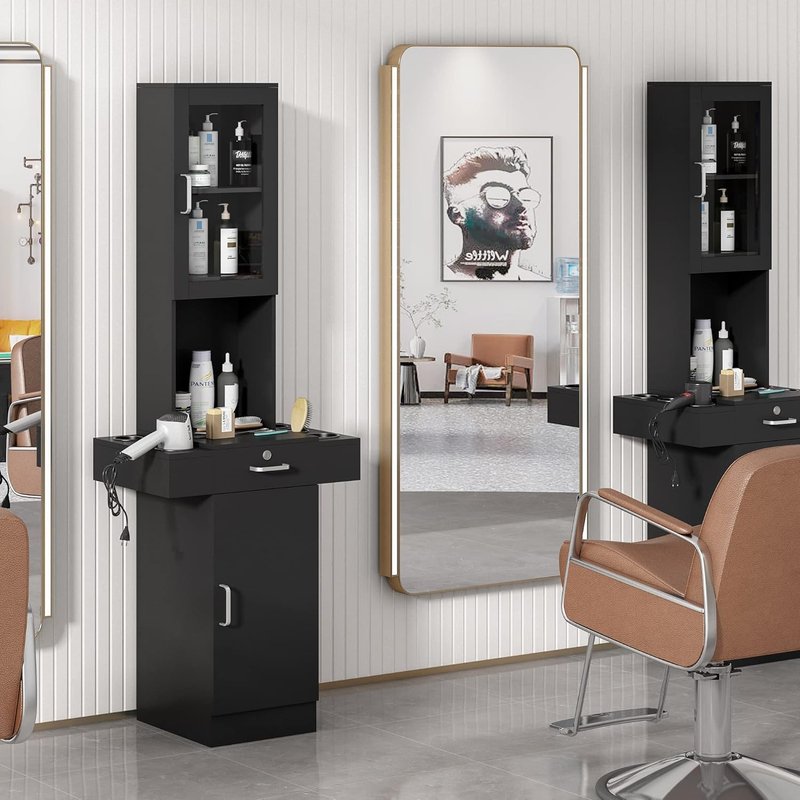 Hair Styling Organizer Station - Professional Salon Equipment with Glass Door | 6 Tool Holders & 2 Storage Cabinets - Black