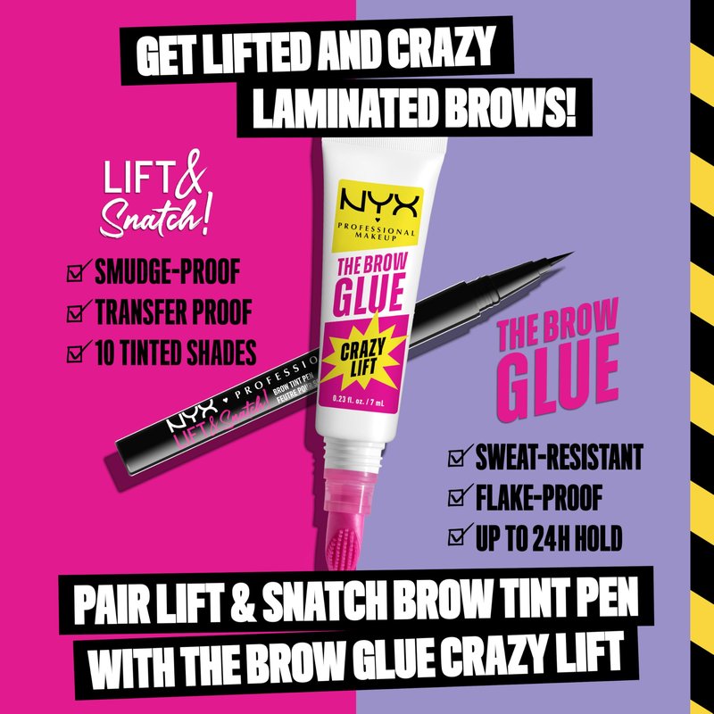 NYX PROFESSIONAL MAKEUP The Brow Glue Crazy Lift, Brow Lamination Gel with 16HR Strong Hold & Built-In Styling Comb - Clear Eyebrow Gel