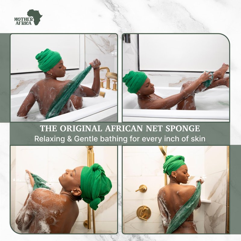 MOTHER AFRICA African Net Sponge Authentic with Knots 2 Pack Black Owned Exfoliating Body Scrubber Bath Sponge for Shower Washcloth Loofah Gentle Deep Cleansing Back Scrubber Face & Body Men & Woman