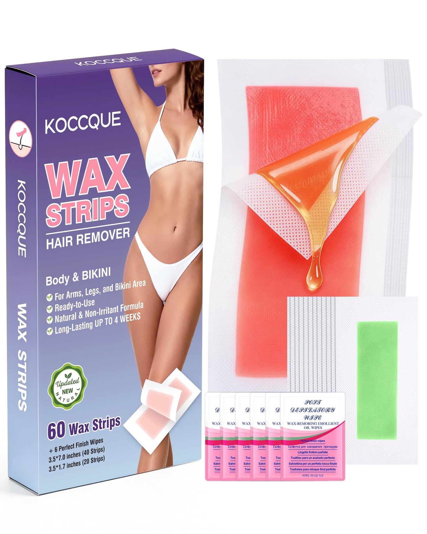 Wax Strips Waxing Kit for Women: Legs Arms Face Underarms Bikini & Facial Hair Removal | 60 Strips + 6 Wipes | Dermatologically Tested | 8-Week Smooth | Hypoallergenic All Skin Types