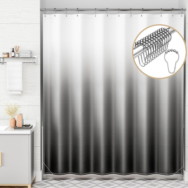 AmazerBath Ombre Black Shower Curtain Set - Washable Fabric with 12 Hooks | 72x72 Inches