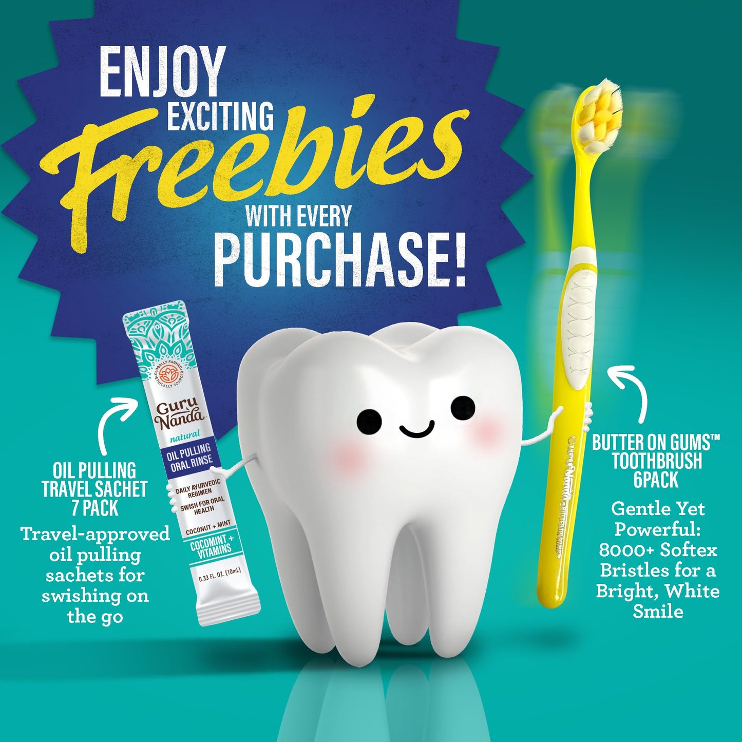 GuruNanda Total Smile Makeover Kit Regular with Cocomint Oil Pulling, Dual Barrel Whitening Mouthwash, Whitening Strips & Butter on Gums Toothbrushes