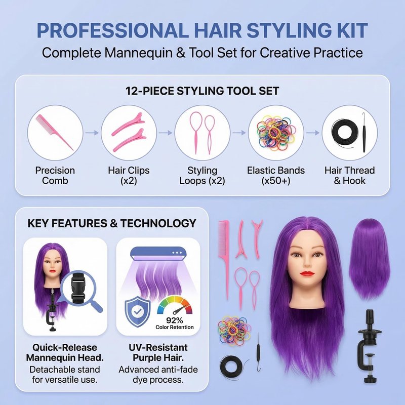 100% Real Hair Mannequin Head Training Head Manikin Cosmetology Doll Head for Hairdresser Practice Braiding Hair Styling with Clamp stand (18-inch)