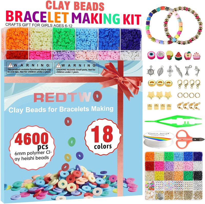 Redtwo 5100 Clay Beads Bracelet Making Kit - Flat Preppy Polymer Heishi Beads with Charms for Friendship Jewelry | Perfect Craft Gift for Girls Ages 8-12