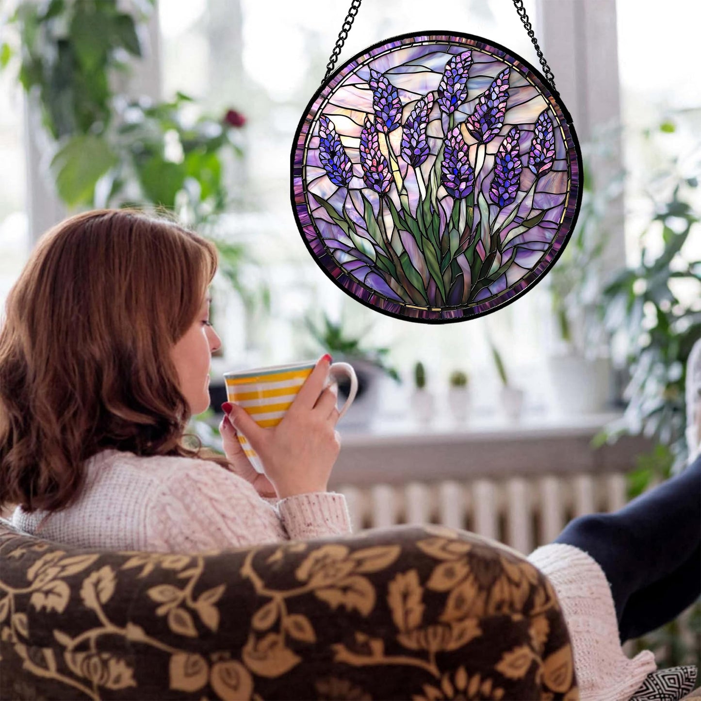 JOSUMALY Stained Glass Window Hanging - Purple Flowers Suncatcher for Door Terrace Garden Home Decor Lavender Plant Floral Sun Catcher Birthday Gifts for Lovers Women Men Dad Mom Nana 7.8 in