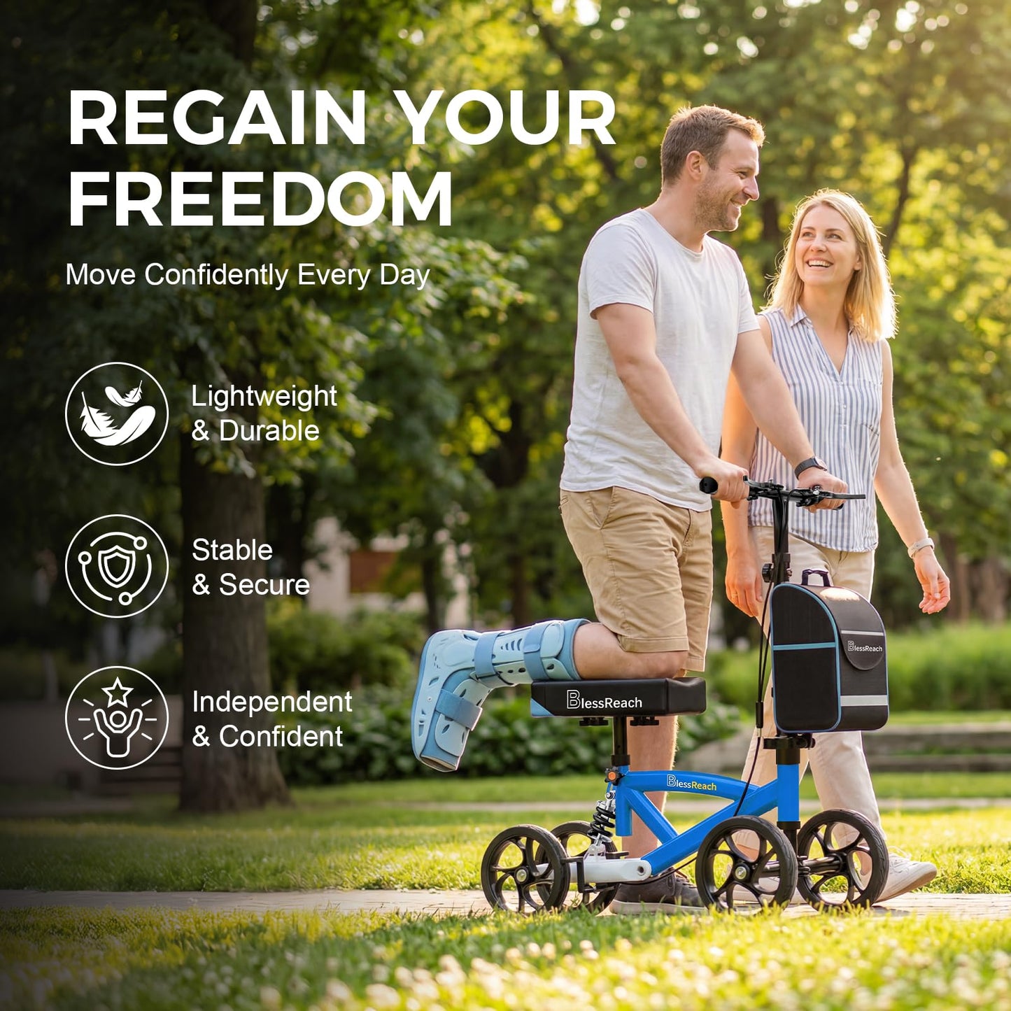 BlessReach Steerable Knee Scooter Deluxe Medical Scooter for Foot Injuries Compact Crutches, with Dual Rear on-Wheel Brake and Shock Absorption Under The Knee pad（Blue）