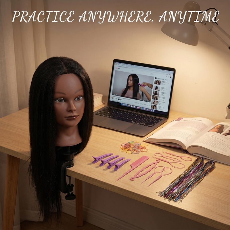 16 Inch 100% human hair mannequin head practice head for braiding manikin head with Clamp stand doll head for hair styling practice kit for kids and Cosmetology (Black 16-inch)