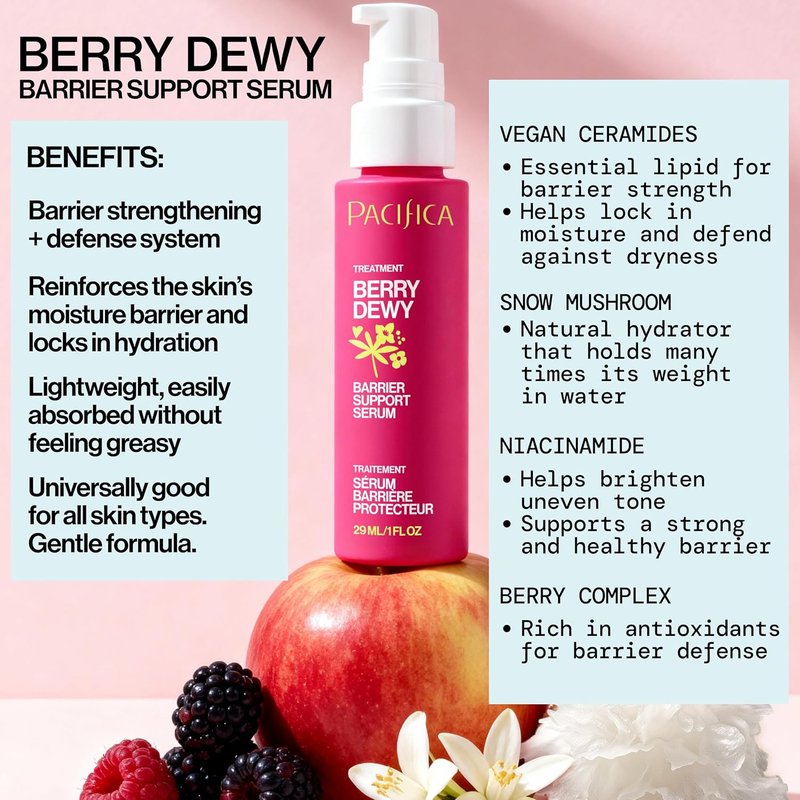 Pacifica Berry Dewy Barrier Serum | Ceramide & Niacinamide Face Serum with Snow Mushroom | Lightweight Gel Texture