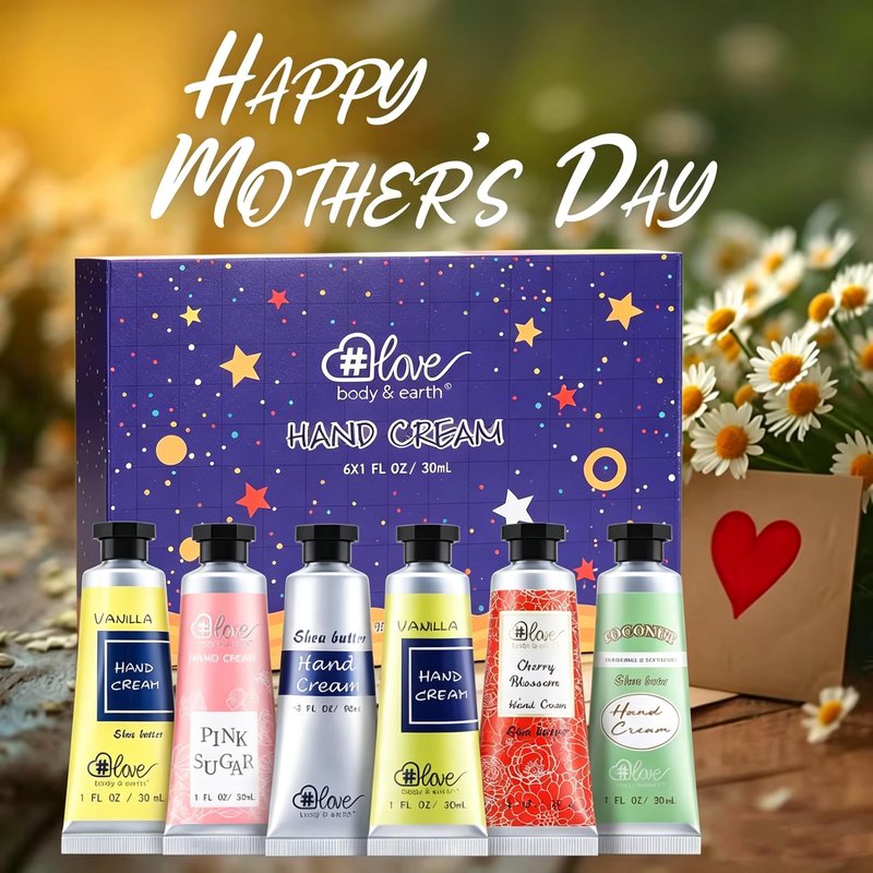 BODY & EARTH # LOVE Hand Cream Gift Set, Mothers Day Gifts for Mom, Moisturizing Hand Lotion Gift Set with Vitamin E, Travel Size Hand Cream for Women, Birthday Gifts Nurses Teachers, 6 x 1 OZ