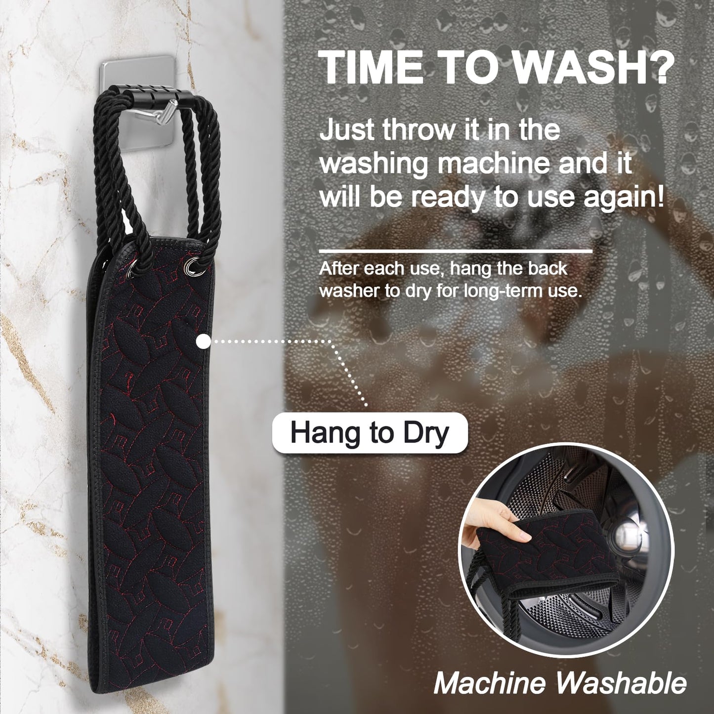 dodiff Exfoliating Back Scrubber for Use in Shower, 38.5 Inch Back Washer with Handles, Dual-Sided Body Exfoliator for Daily & Deep Skin Cleaning, Bath Back Scrub Washcloth for Men & Women (Black)
