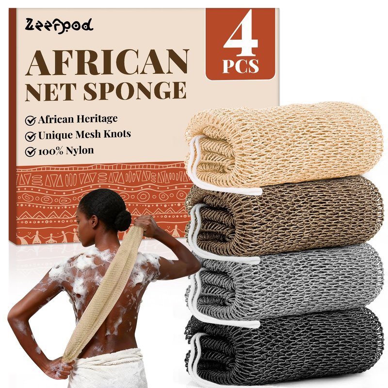 African Net Sponge Authentic-4 Packs African Exfoliating Net Sponge,Bath Sponges for Shower,42 inch Long for Normal to Sensitive Skin, for Daily use, Body Exfoliator Shower(Linen&Brown&Black&Grey)