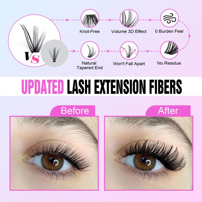Pawotence Lash Clusters Kit Cat Eye Lash Extension Kit DIY 9-16mm Cluster Eyelash Extensions Kit 40D Individual Lashes with Lash Bond and Seal, Lash Tweezers for Self Use (Fox 40D, 9-16mm, Kit)